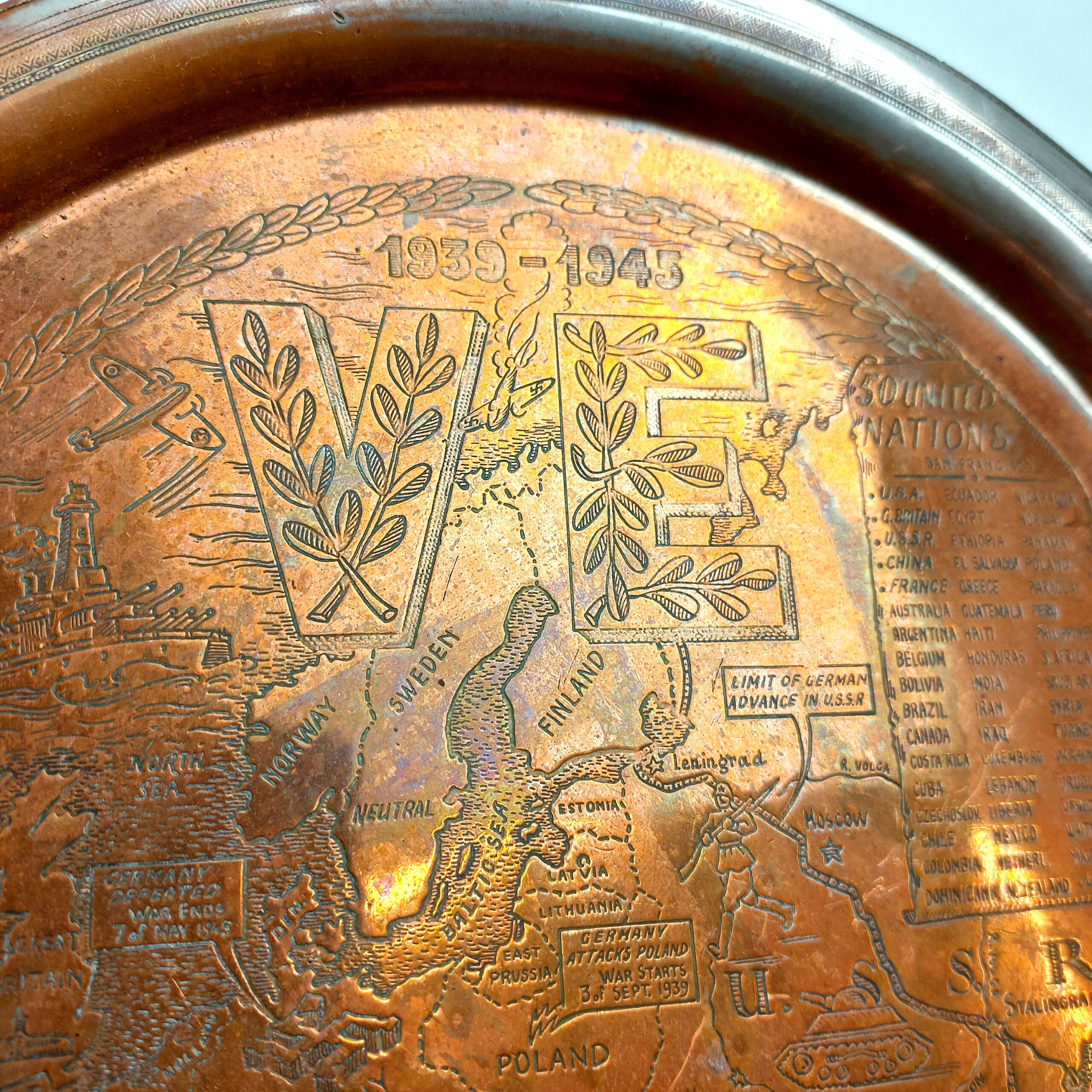 British, WW2, VE and VJ Commemorative Copper Plates with Military Maps drawn by A. Fedoroff, Made by Mappin & Webb Ltd London & Sheffield - Image 6