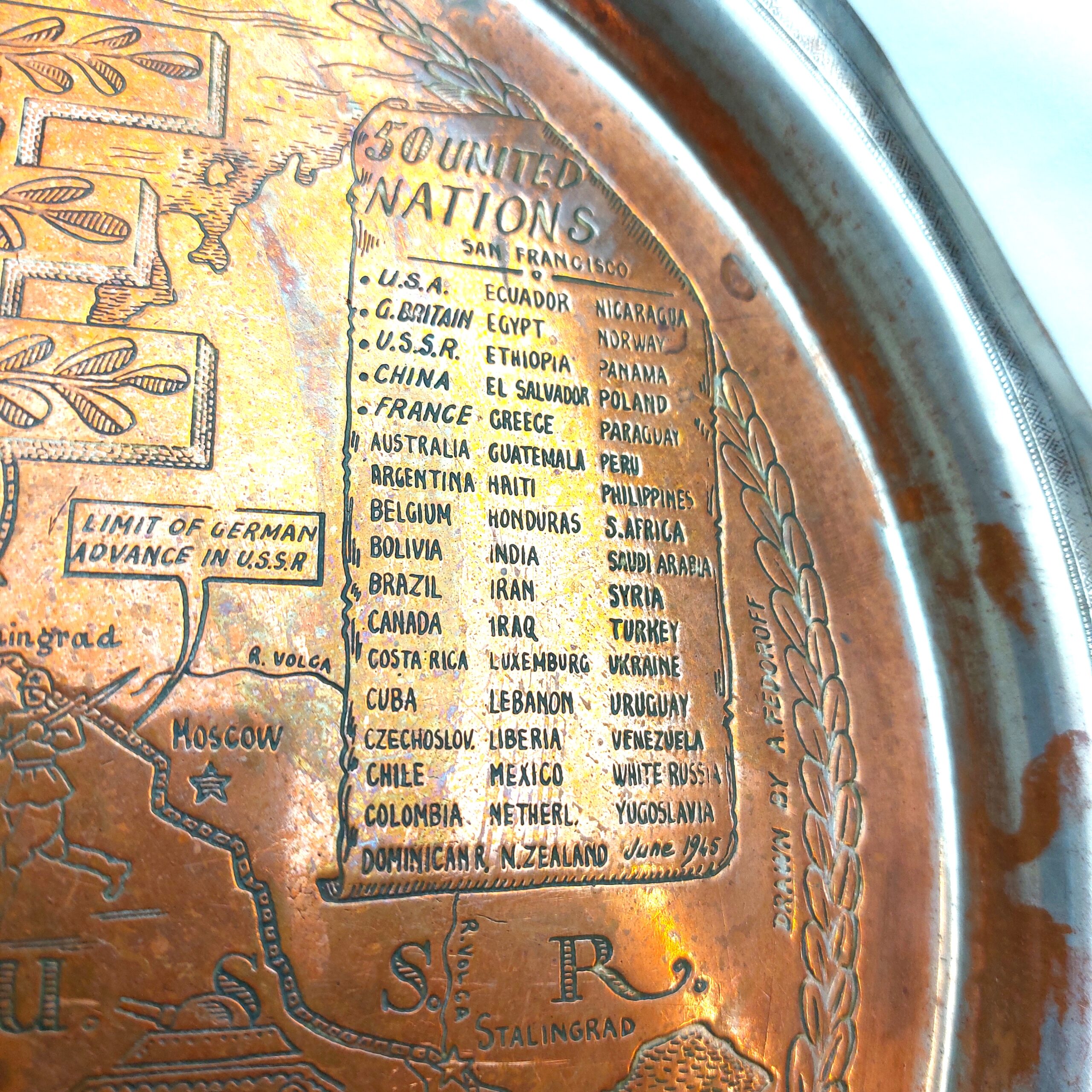 British, WW2, VE and VJ Commemorative Copper Plates with Military Maps drawn by A. Fedoroff, Made by Mappin & Webb Ltd London & Sheffield - Image 7