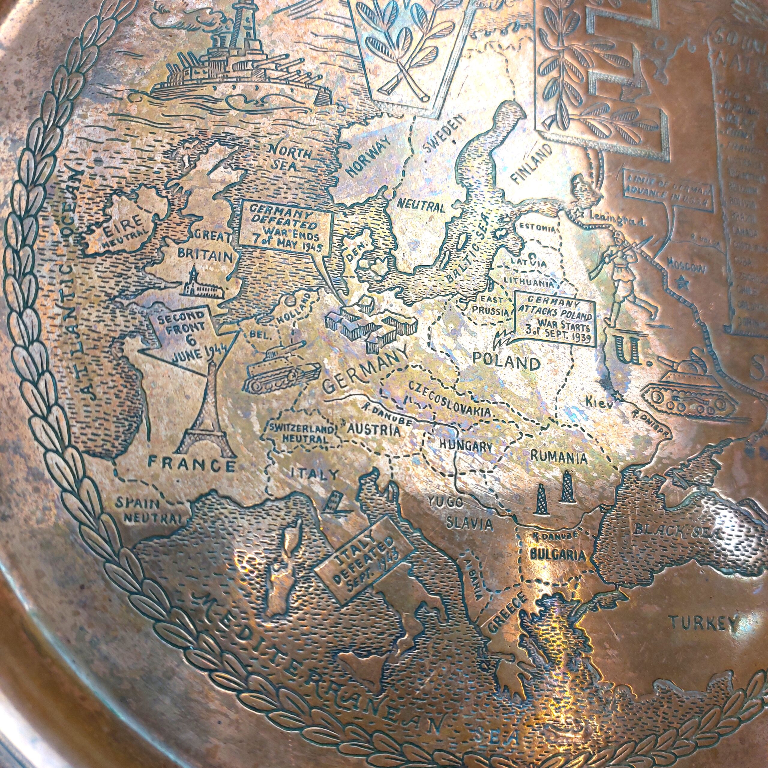 British, WW2, VE and VJ Commemorative Copper Plates with Military Maps drawn by A. Fedoroff, Made by Mappin & Webb Ltd London & Sheffield - Image 10