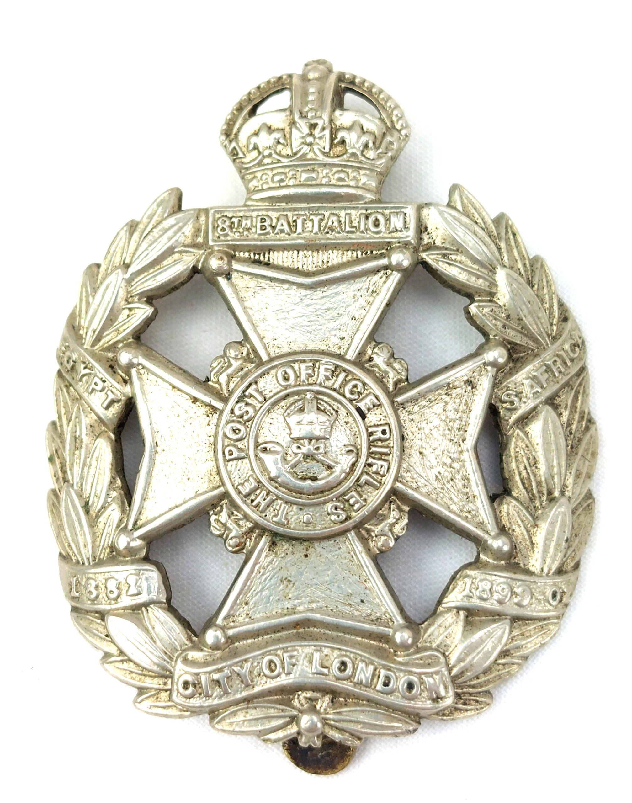 British, WW1, Original 8th Battalion City of London Regiment -Post Office Rifles- White Metal Cap Badge, Kings Crown, Brass Slide