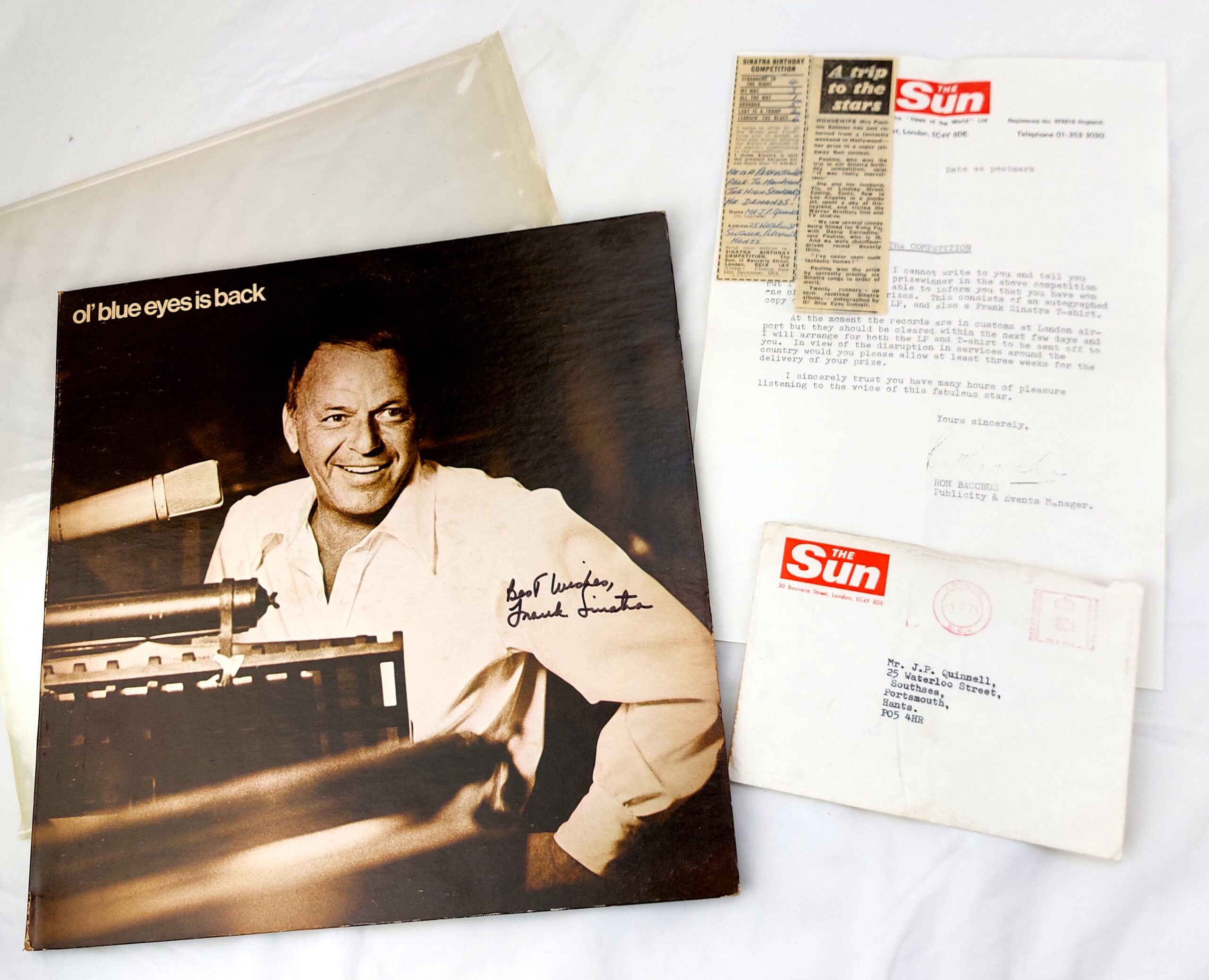 Frank Sinatra, Signed Original Album, ol' Blue Eyes is Back, FS2155, 1973 Reprise records, 1974 Sun Prize - Winning Letter and Newspaper Article included