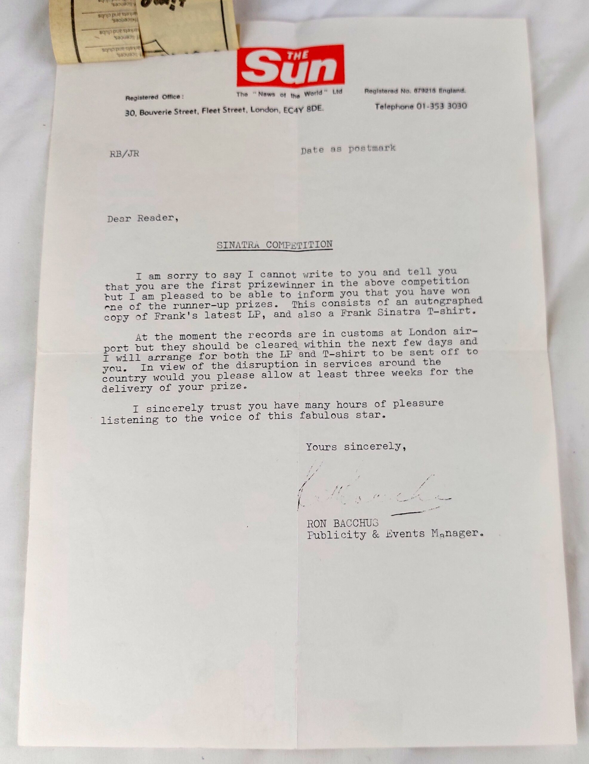 Frank Sinatra, Signed Original Album, ol' Blue Eyes is Back, FS2155, 1973 Reprise records, 1974 Sun Prize - Winning Letter and Newspaper Article included - Image 18
