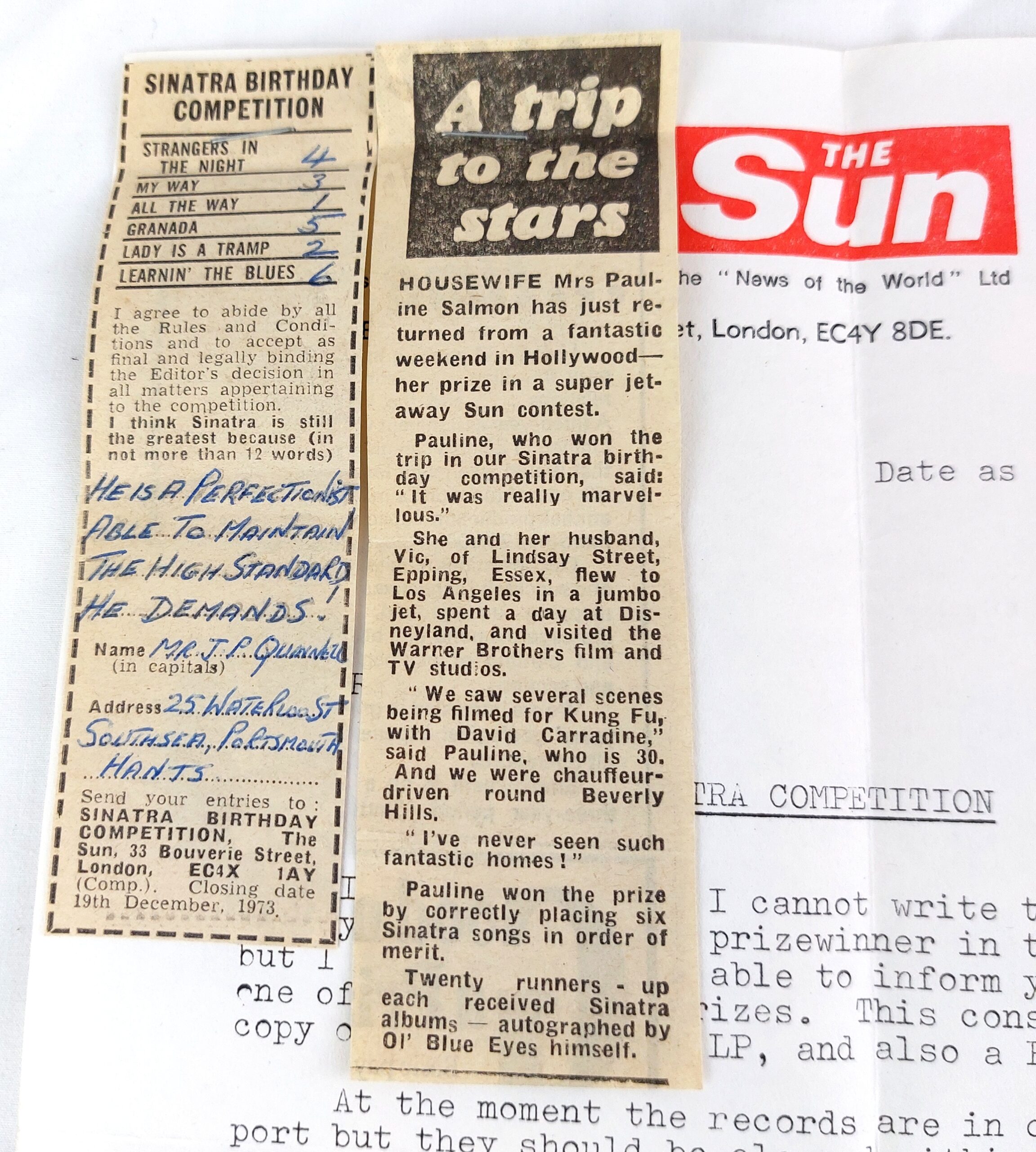 Frank Sinatra, Signed Original Album, ol' Blue Eyes is Back, FS2155, 1973 Reprise records, 1974 Sun Prize - Winning Letter and Newspaper Article included - Image 21