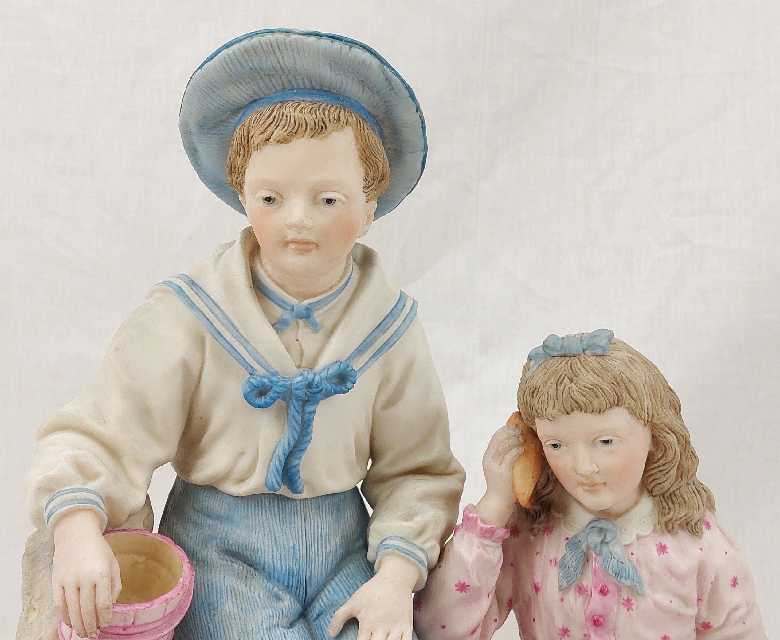 Late Victorian c1900 Bisque Porcelain Figural Group Of Children At The Seaside - Image 2