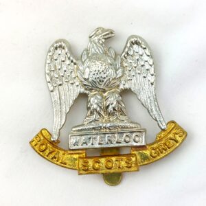 Scottish, Original Royal Scots Greys -Waterloo- Bi-Metal Cap Badge, Brass Slide
