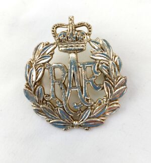 WW2, British, Royal Air Force (RAF) Cap Badge, Staybright, Maker marked JR Gaunt London, Queens Crown, 2 Lugs