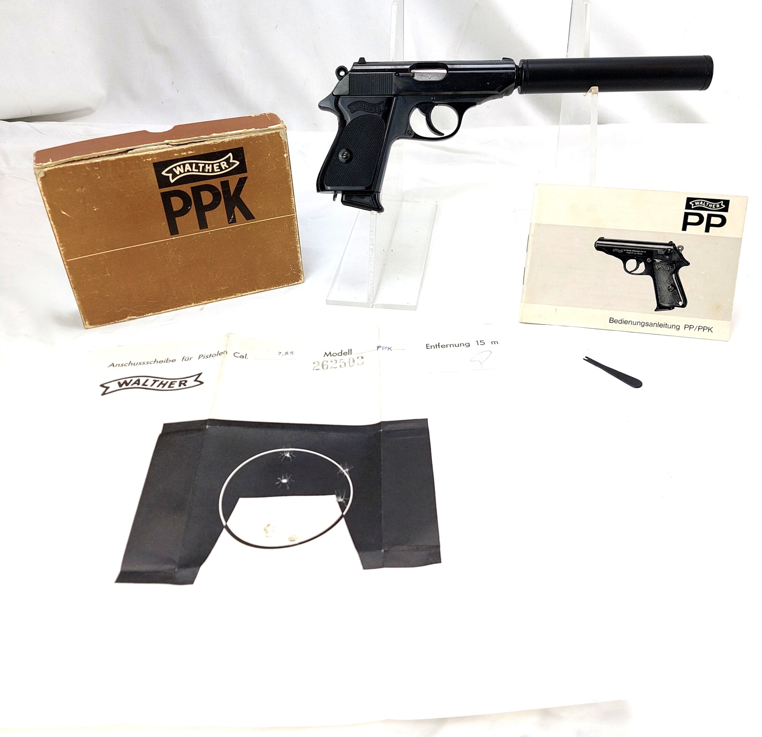 West German, 1971, Walther PPK 7.65mm, Old Spec with Original Box Target Test & Instruction Booklet, Plus Replica Silencer, Deactivated Old Spec