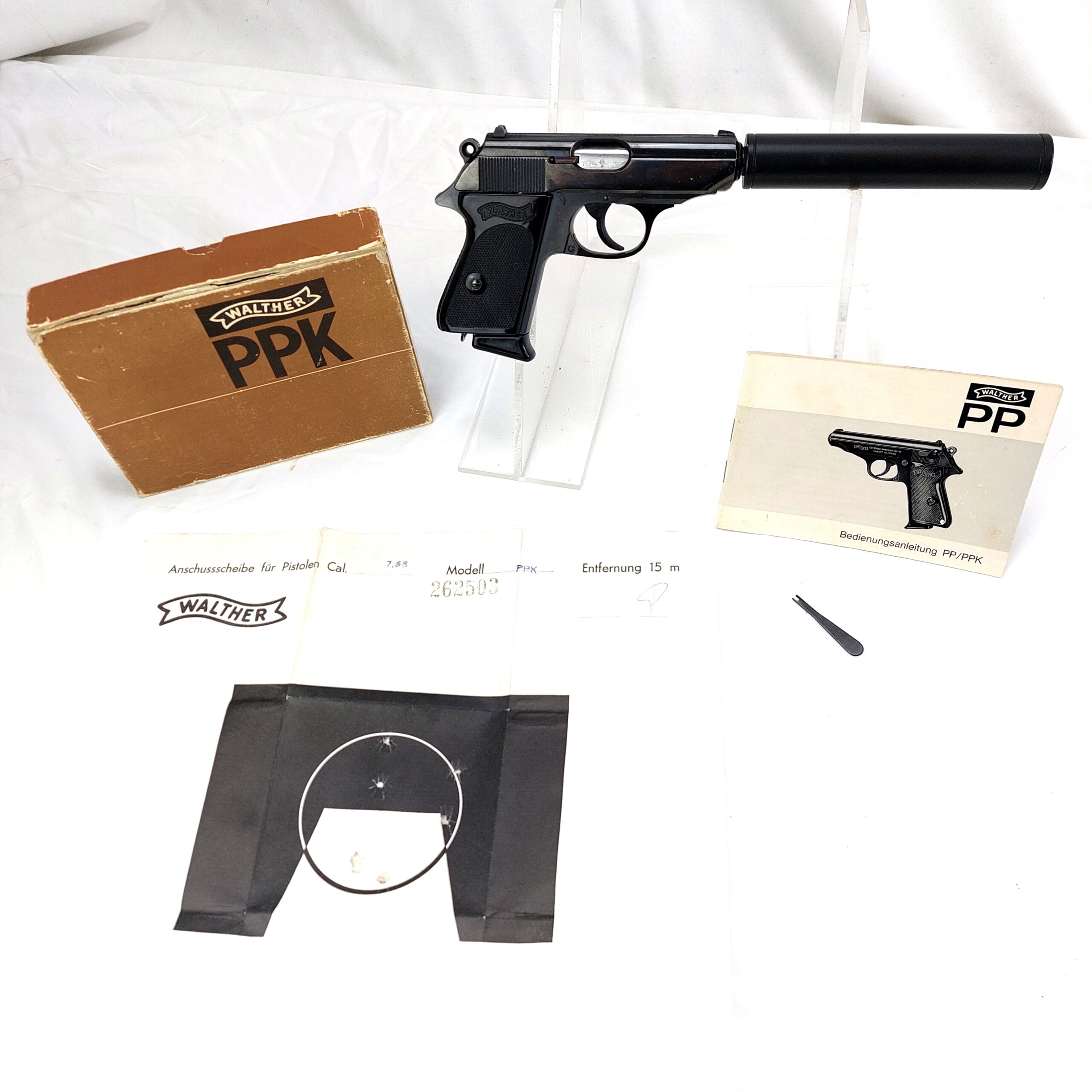 West German, 1971, Walther PPK 7.65mm, Old Spec with Original Box Target Test & Instruction Booklet, Plus Replica Silencer, Deactivated Old Spec - Image 2