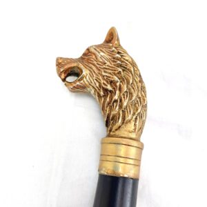 Brass Wolf Headed Ecclesiastical Walking Stick, Marked with 4 Gilt Crosses, Wolf of Gubbio