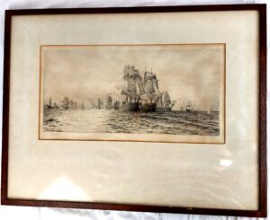 William Lionel Wyllie, Original Signed Etching, Duelling Ships Battle of Trafalgar, 1851, Framed
