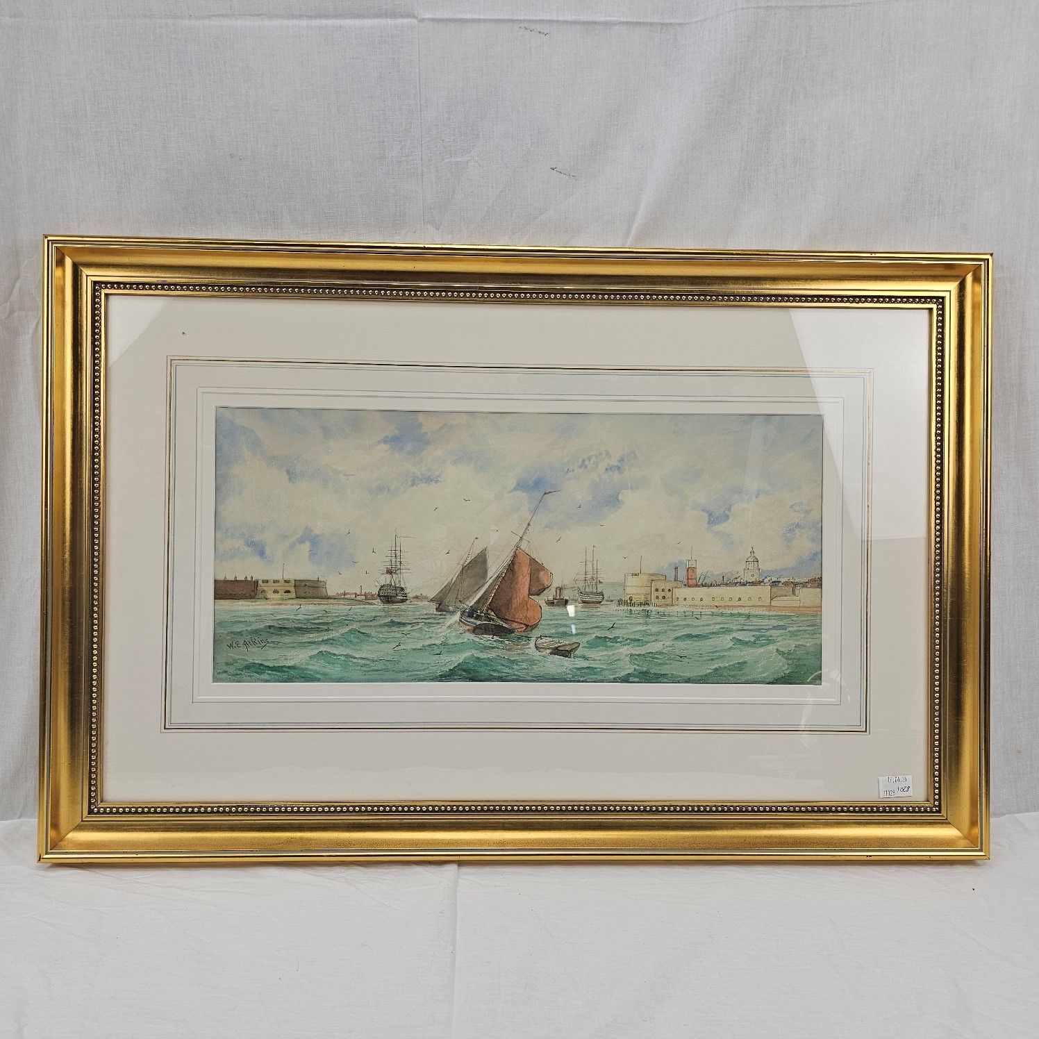 19th Century William E. Atkins Watercolour Sailing Barges Entering Portsmouth