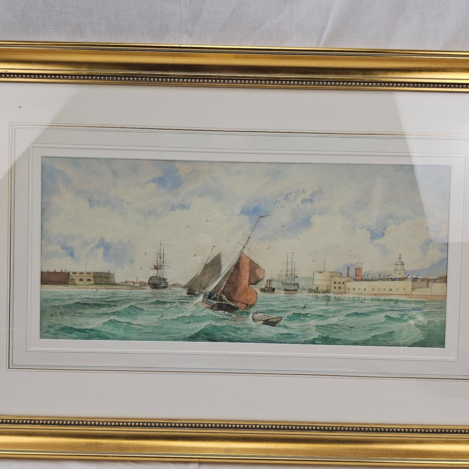 19th Century William E. Atkins Watercolour Sailing Barges Entering Portsmouth - Image 2