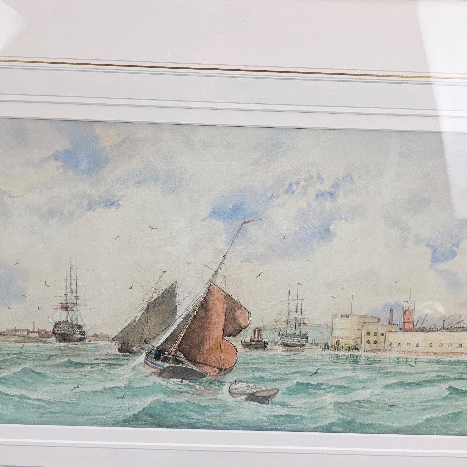 19th Century William E. Atkins Watercolour Sailing Barges Entering Portsmouth - Image 4