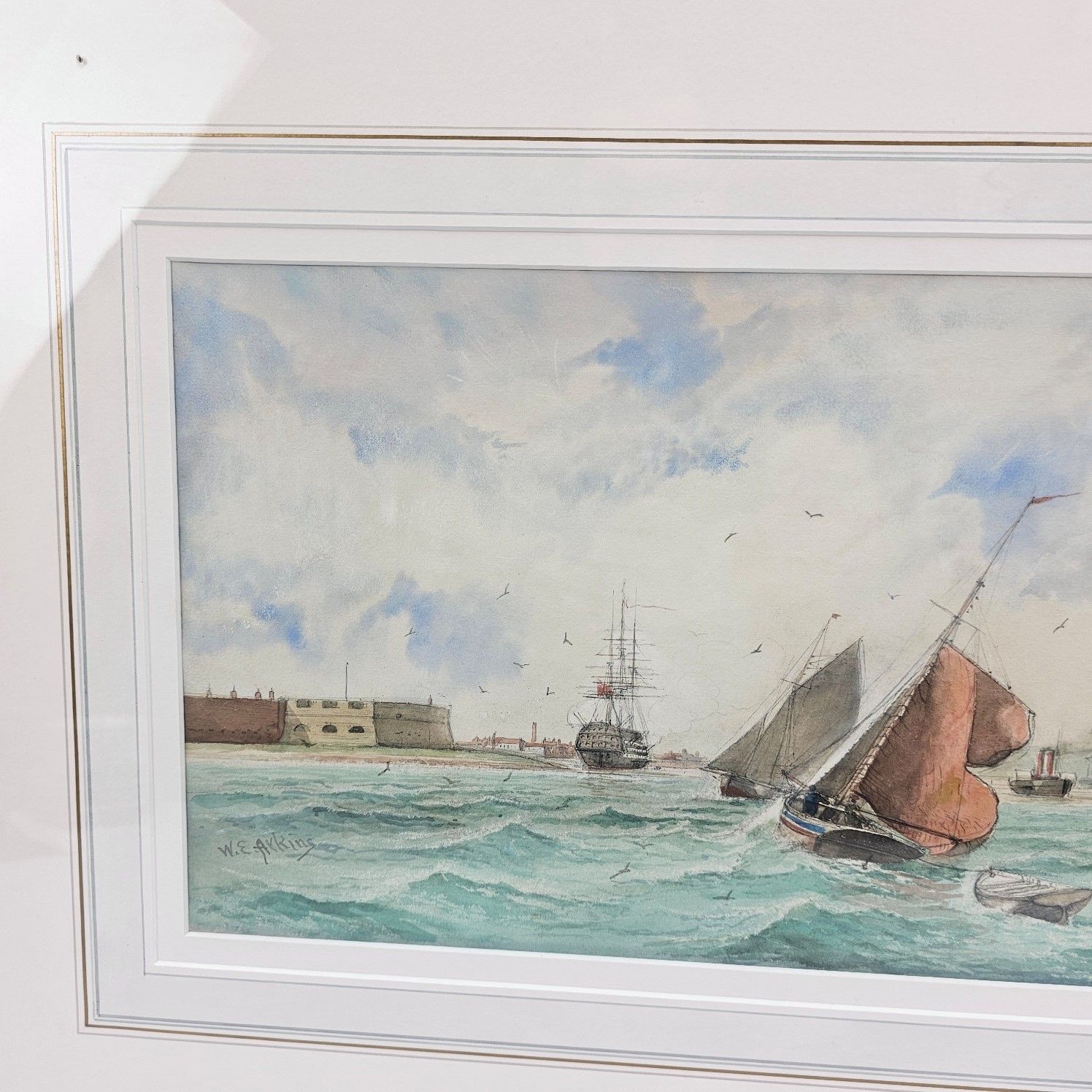 19th Century William E. Atkins Watercolour Sailing Barges Entering Portsmouth - Image 5