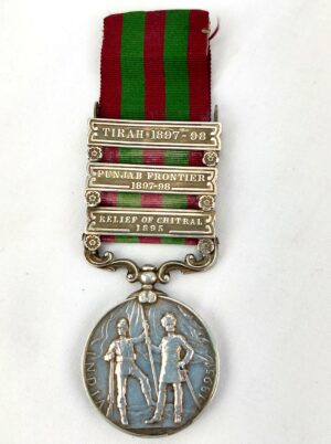*British, 1895, Queen Victoria India Medal, with clasps: Relief of Chitral 1895, Punjab Frontier 1897-98, Tirah 1897-98, 97620 Gunner P.A. Killick No. 3 Mtn. BY. R.A. (3rd Mountain Battery)*