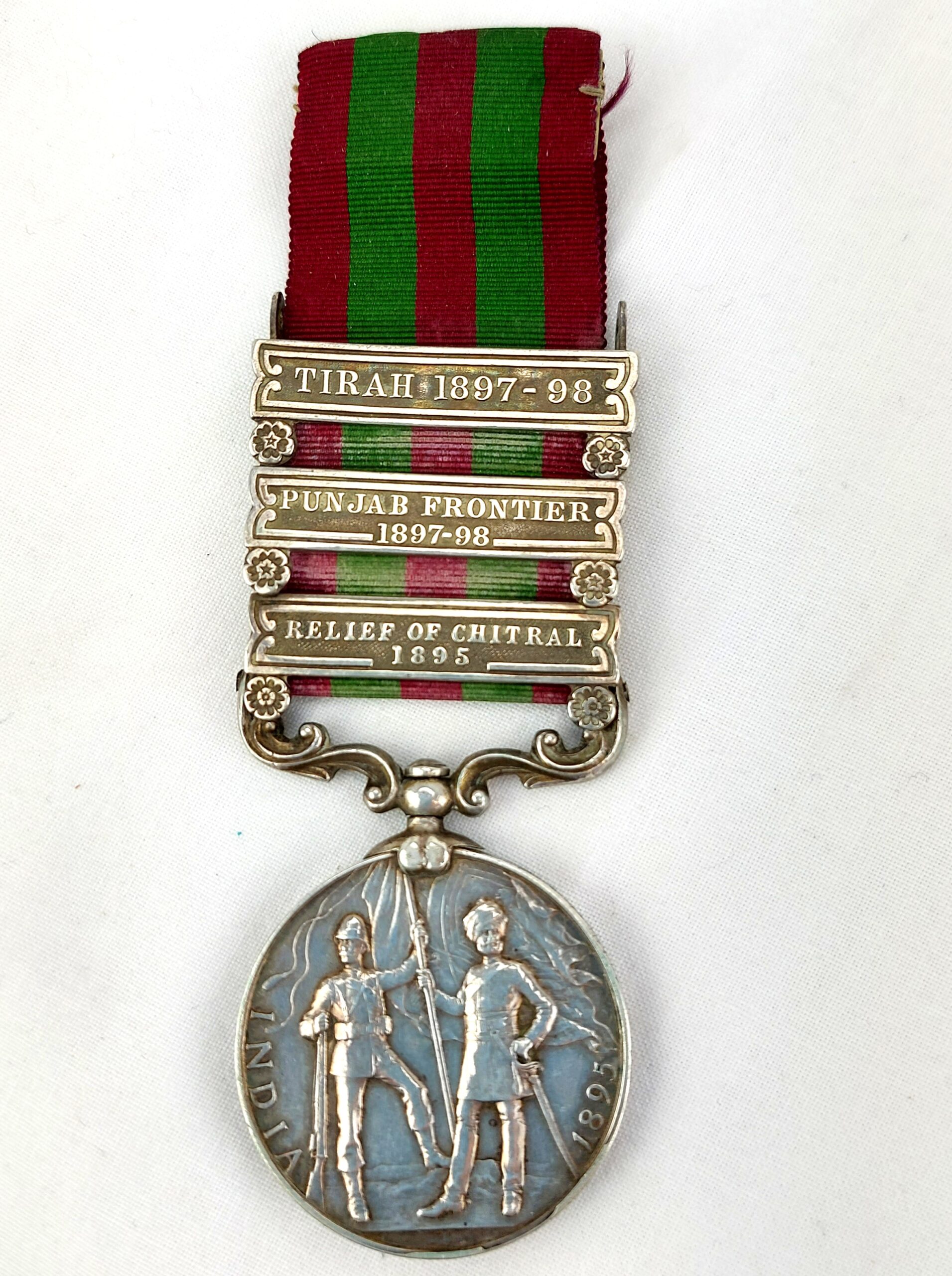 *British, 1895, Queen Victoria India Medal, with clasps: Relief of Chitral 1895, Punjab Frontier 1897-98, Tirah 1897-98, 97620 Gunner P.A. Killick No. 3 Mtn. BY. R.A. (3rd Mountain Battery)*