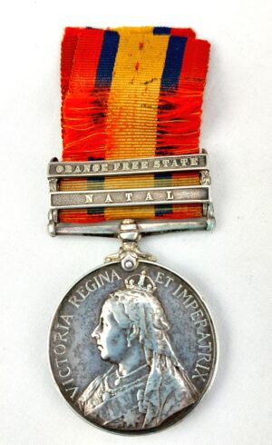 British, 1899-1902, Boer War, Queens South Africa Medal with two clasps Natal & Orange Free State, (Number & Name filed off) Gloucs Rgt.
