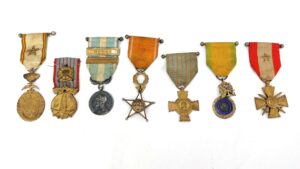French, 1921-1934, Seven North African - Middle Eastern Medals, Spanish-French Medal for Peace in Northern Morocco 1927, French Lebanon Campaign Medal 1925-1927, French Colonial Medal with Clasps Maroc & Maroc 1925-1926, French-Moroccan Order of Ouissam Alaouite Fifth Class Knight c1934, French Combatant's Cross c1926, French Military Medal - 3rd Republic 1870–1940, French War Cross for foreign operational theatres c1921