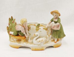 Late 19th Century Bisque Porcelain Vase Of Children Feeding A Swan