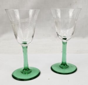 Pair Of 1930s Art Deco Uranium Glass Etched Sherry Glasses