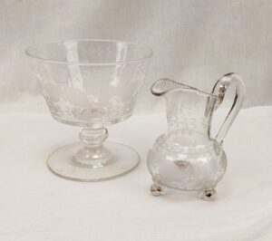 c1800 Georgian Etched Glass Strawberry Bowl With Matching Cream Jug