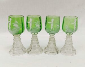 c1920 Set Of Mary Gregory Type Green And Clear Etched Glasses
