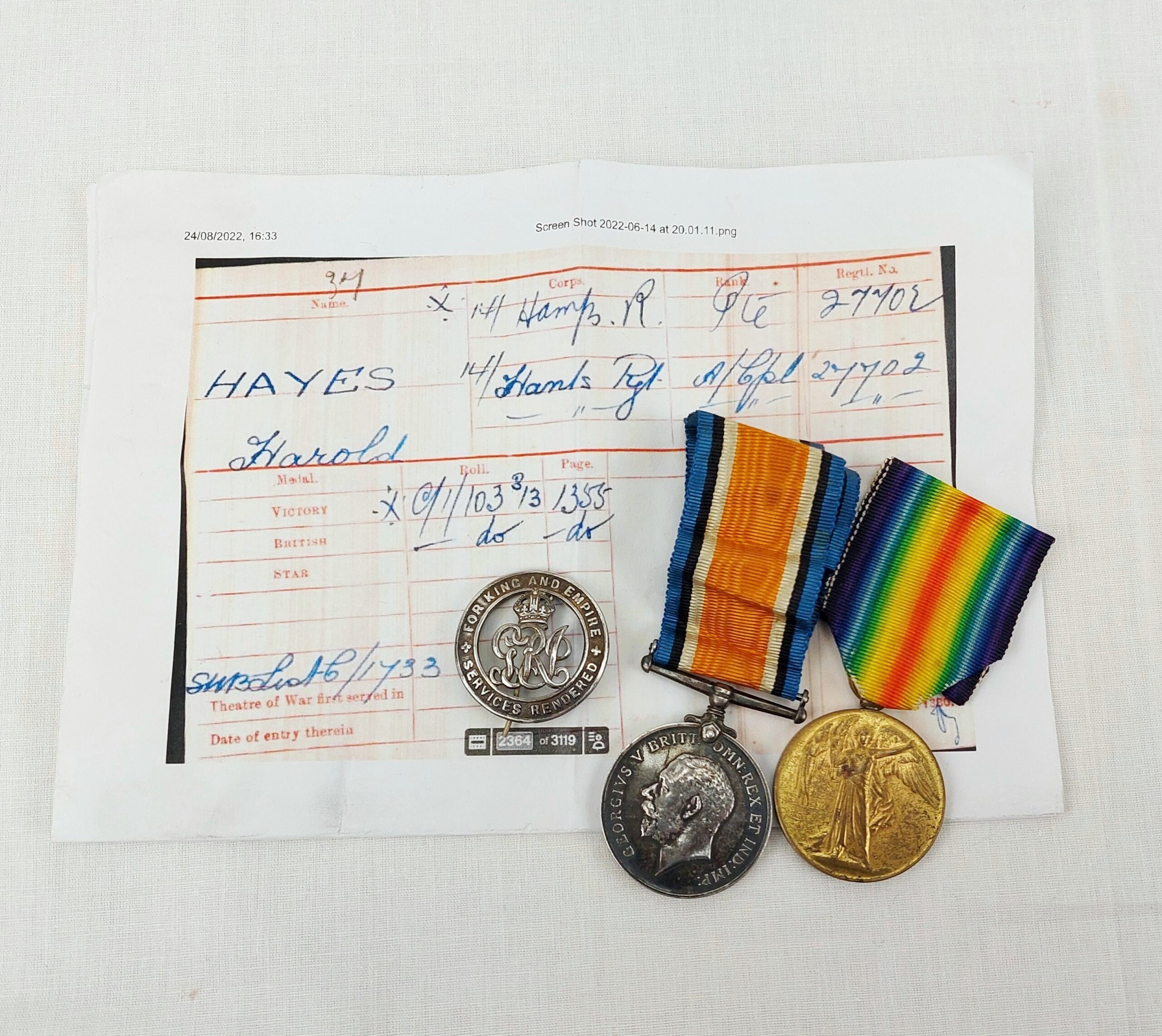WW1 Hampshire Regiment Pte. H. Hayes Medal Pair & Silver War Service Medal