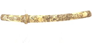 Japanese, Meiji period (1868-1912), Large Carved Tanto Dagger with 11" blade, Carved Bone Fittings