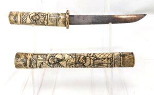 Japanese, Meiji period (1868-1912), Small Carved Tanto Dagger with 7" blade, Carved Bone Fittings