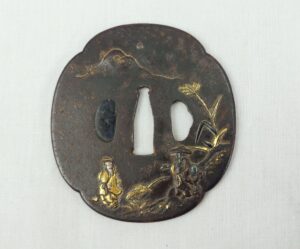 Circa 1700 Japanese Iron Tsuba With Takazogan Gold Inlay Scholars And An Acolyte