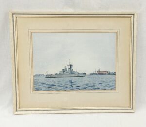 Framed Watercolour Of HMS Londonderry F108 In Portsmouth Harbour By Walter Shaw