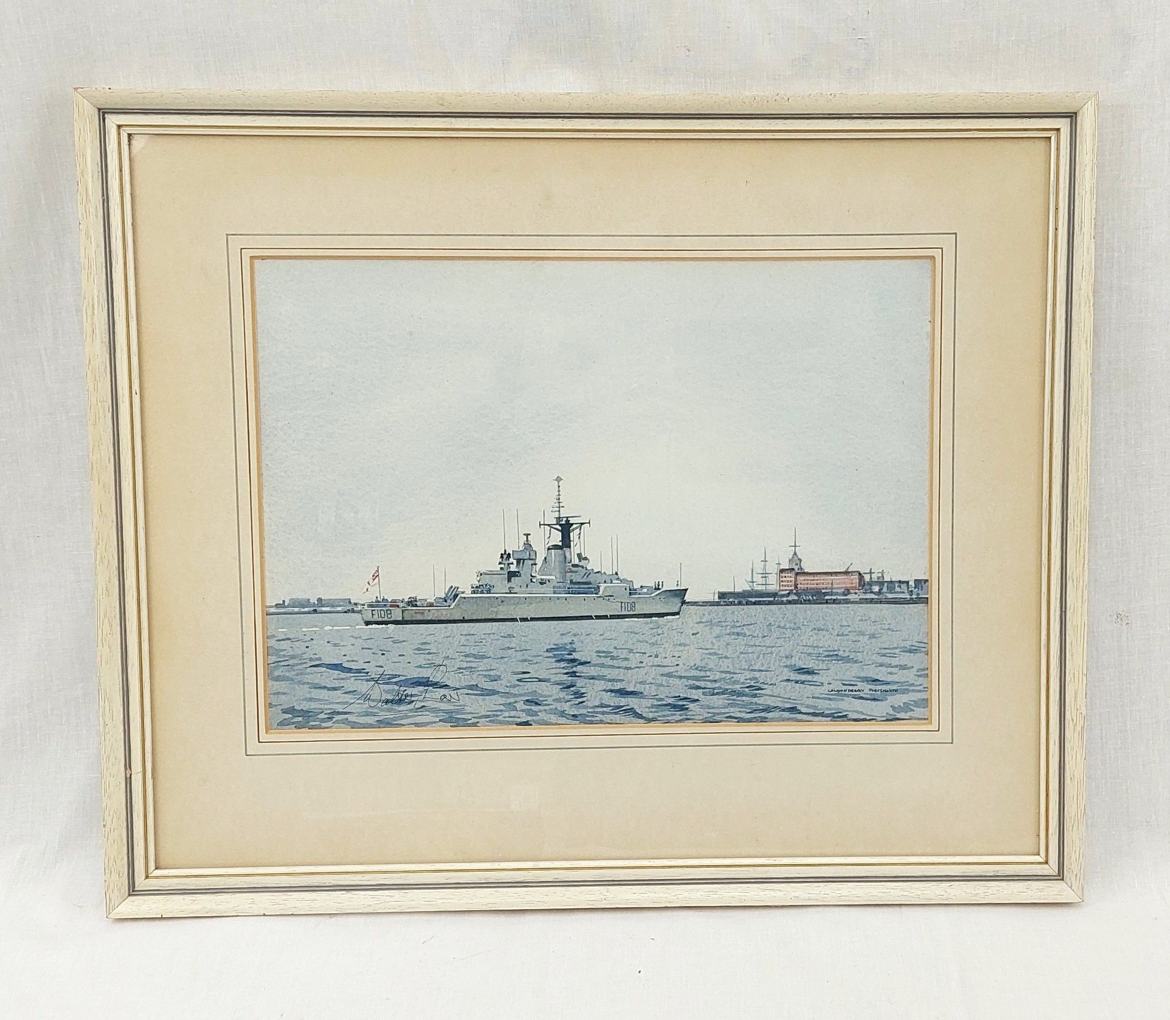 Framed Watercolour Of HMS Londonderry F108 In Portsmouth Harbour By Walter Shaw