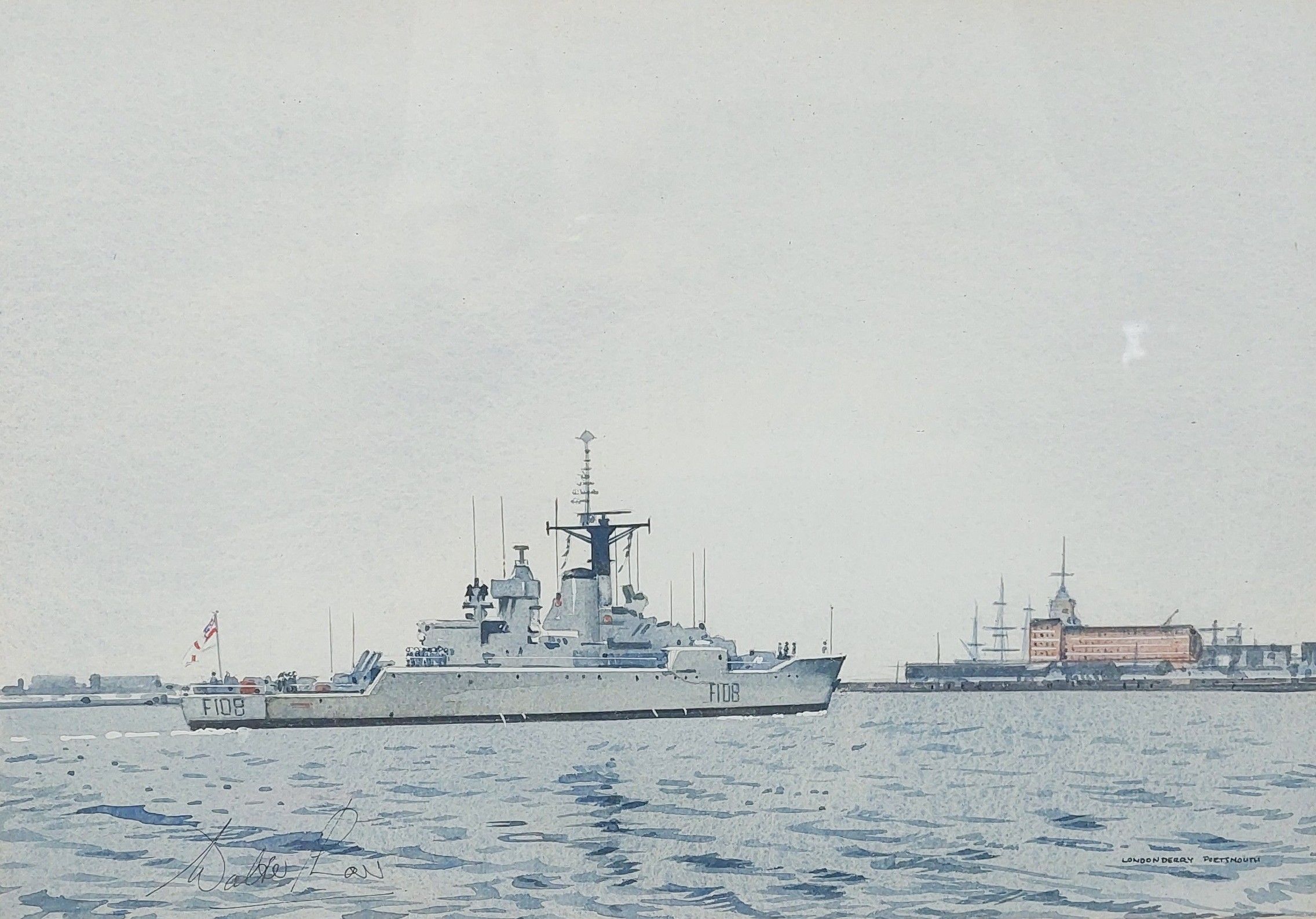 Framed Watercolour Of HMS Londonderry F108 In Portsmouth Harbour By Walter Shaw - Image 10