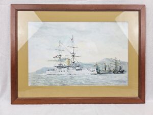 Great Watercolour Of Royal Navy HMS Majestic Battleship On The China Station