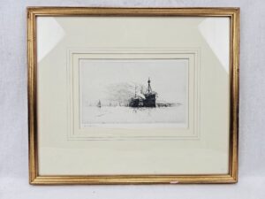 Harold Wyllie Signed Monochrome Etching Of Two Anchored Hulk Ships In Portsmouth