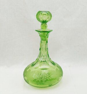 Victorian Uranium Cut Glass Decanter Etched With Grape Vines