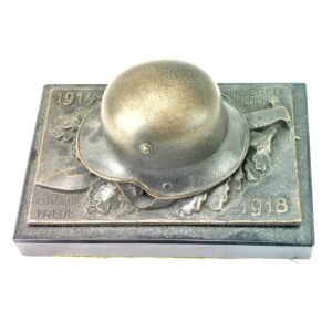 Imperial German, WW1, Original Helmet & Bayonet Bronze & Marble Paper Weight, Engraved "1914-18 Unseren Helden, Deutsche Treue"