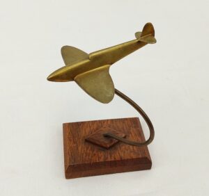 WW2 Brass Trench Art Model Of A Supermarine Spitfire Fighter On Stand #2