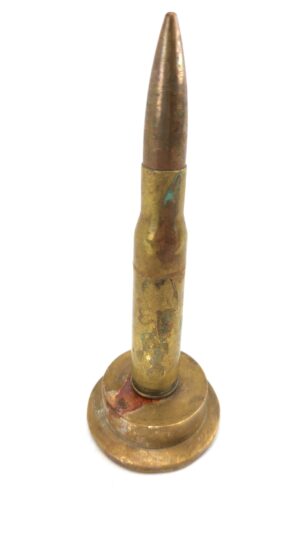 British, Trench Art Lighter, 50 Cal Round Mounted on 15 Pounder Brass Base. Marked No 15, SH&S - Samuel Hall & Sons Ltd, Vanguard Works, Hay Mills, Birmingham