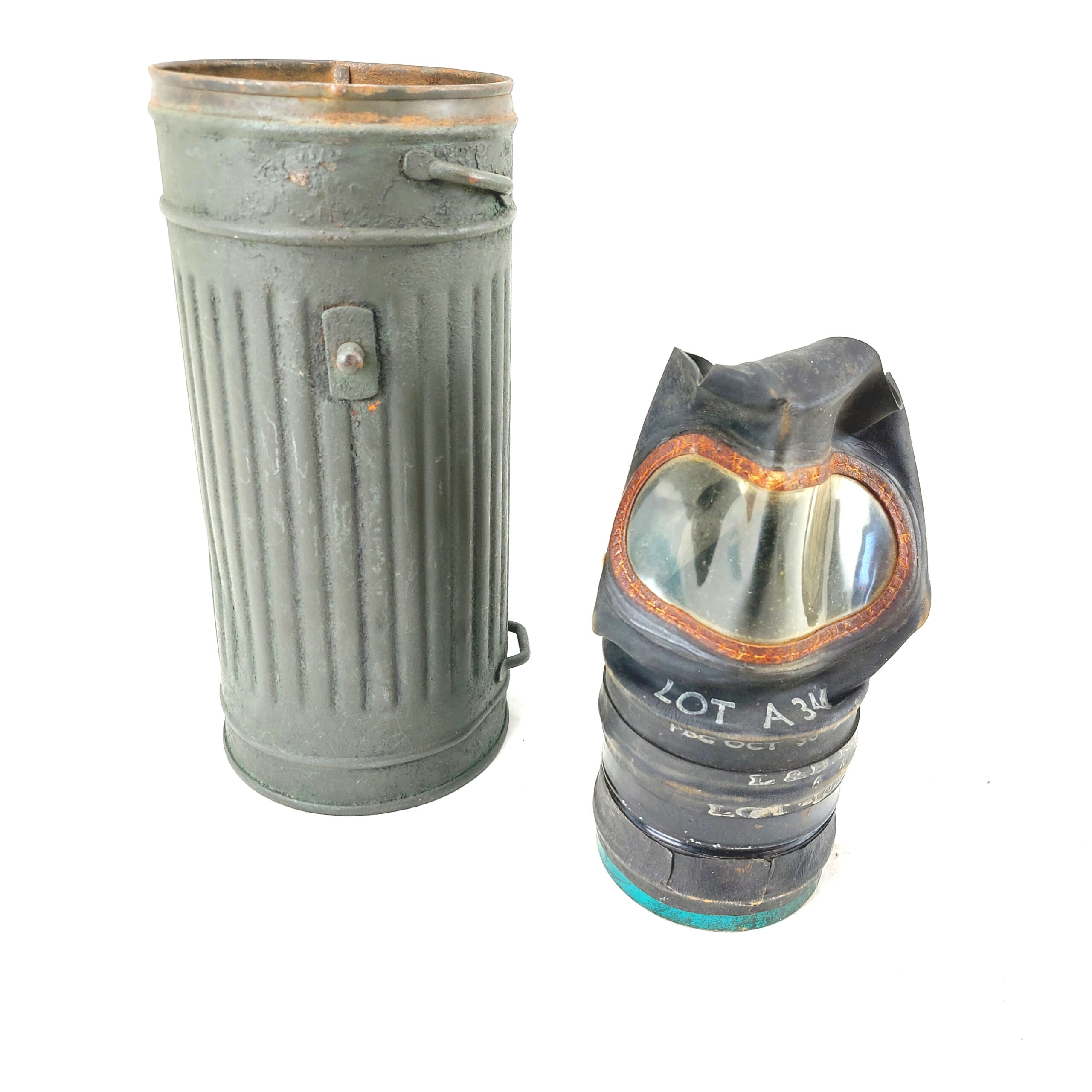 British WW2 Civilian Gas Mask Dated 1941, with WW2 German Long Gas Mask Cannister - marked L.G.P.A Paris, used in the Occupation of France - Image 2