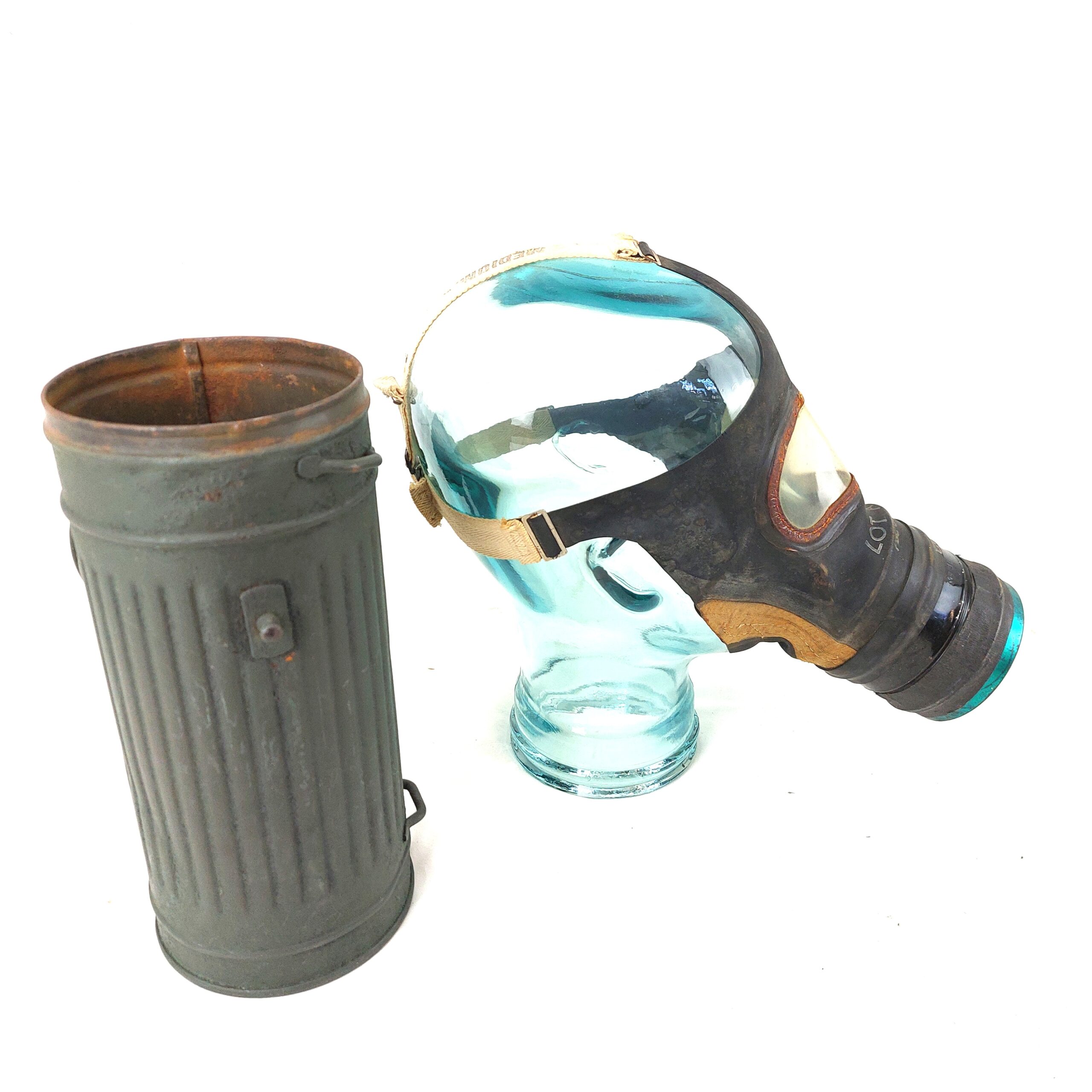 British WW2 Civilian Gas Mask Dated 1941, with WW2 German Long Gas Mask Cannister - marked L.G.P.A Paris, used in the Occupation of France