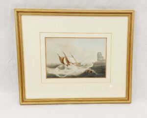 Early Victorian Maritime Watercolour Painting Of Fishing Vessles Off A Mole
