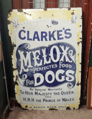 Large Victorian Clarkes Melox For Dogs Enamel Advertising Sign