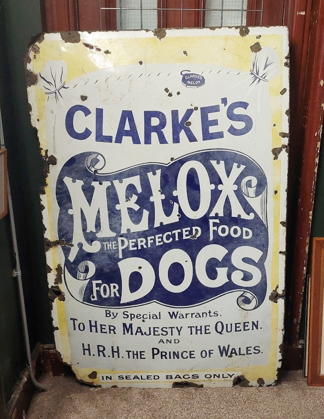Large Victorian Clarkes Melox For Dogs Enamel Advertising Sign