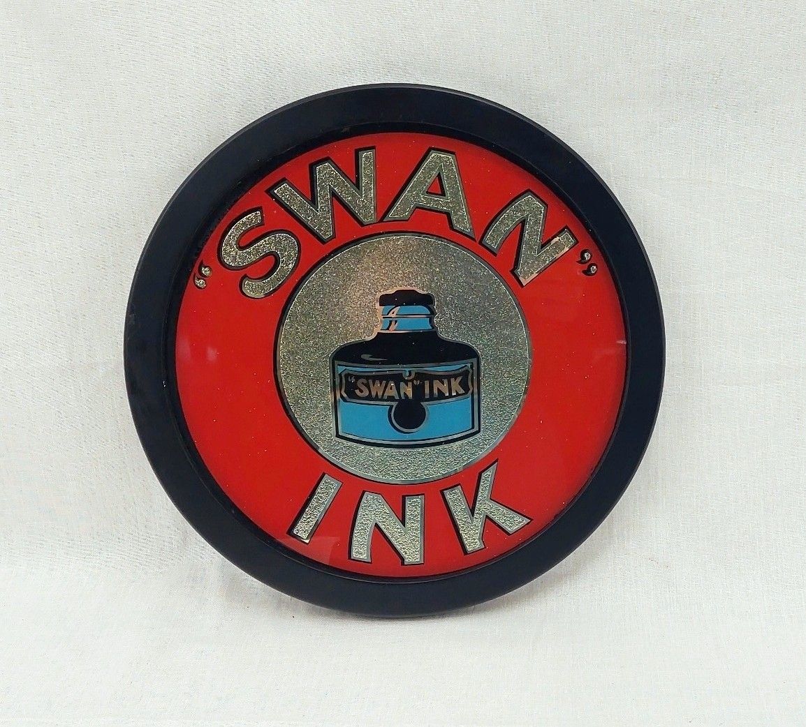 Vintage Framed Swan Ink Reverse Painting On Glass Advertising Sign
