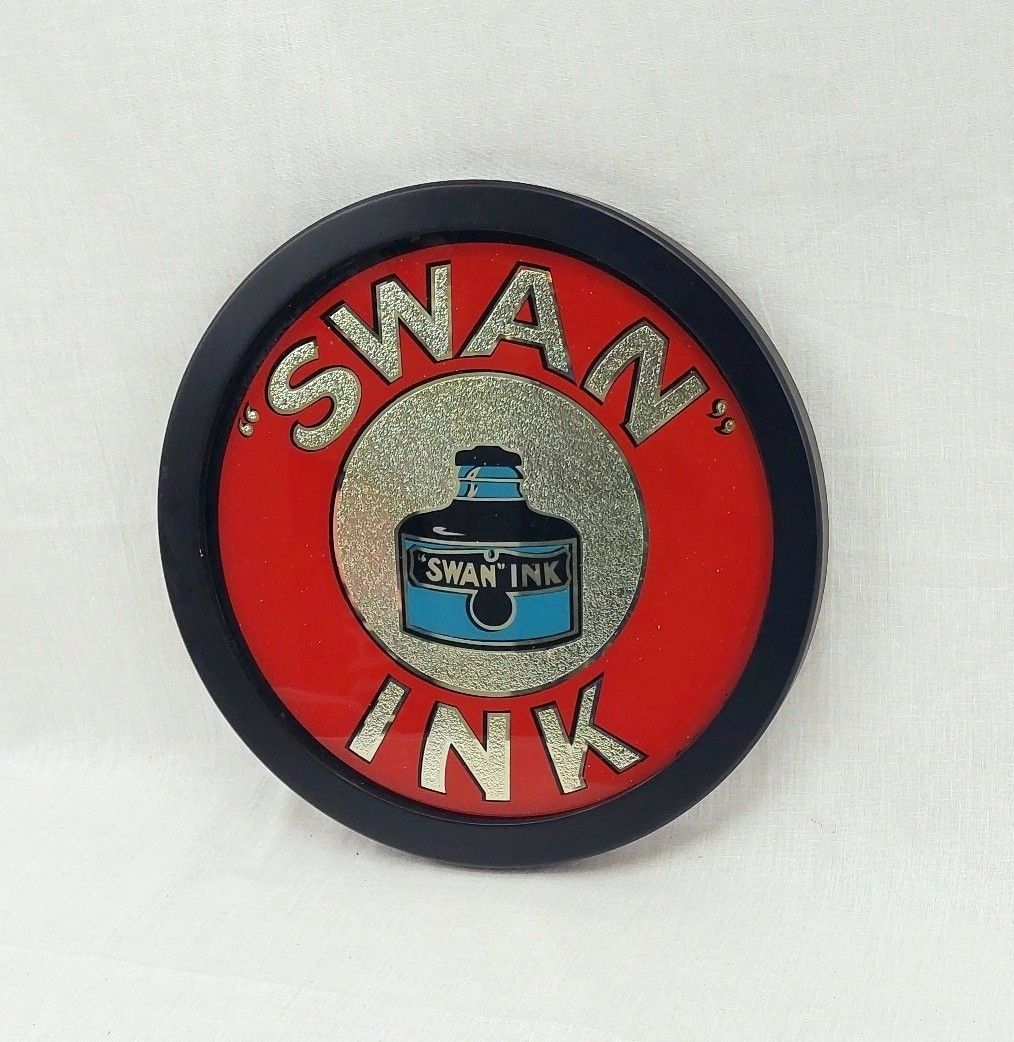 Vintage Framed Swan Ink Reverse Painting On Glass Advertising Sign - Image 3