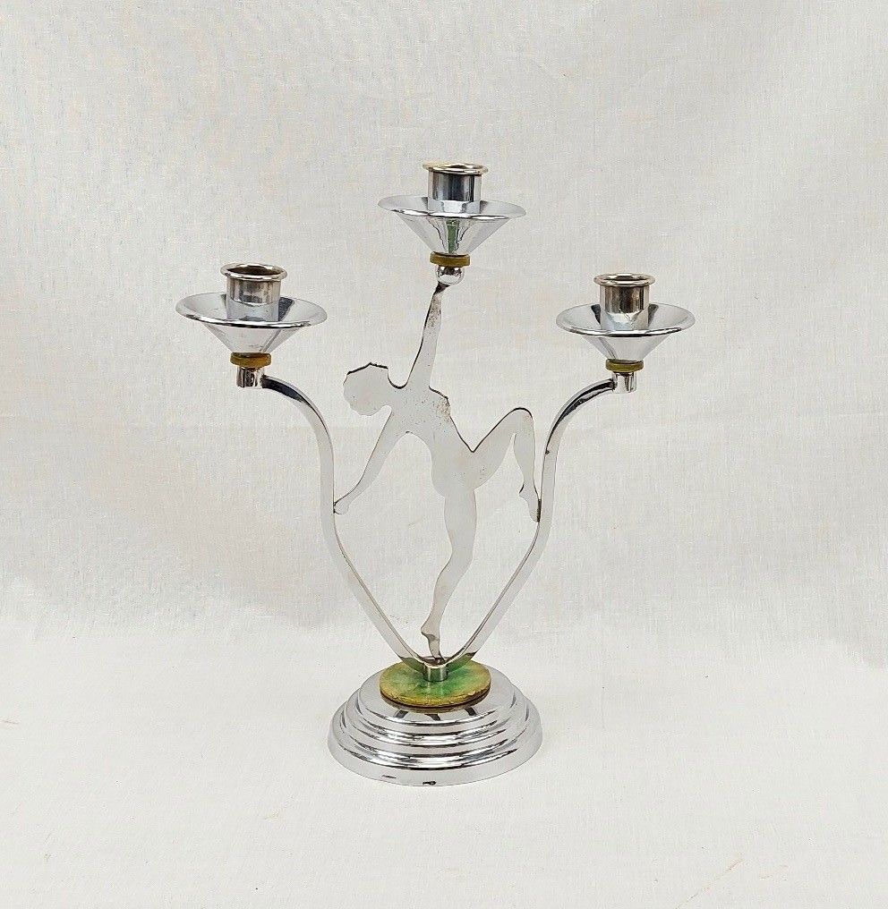 Art Deco Chrome Nude Lady Figural 3 Branch Candelabrum