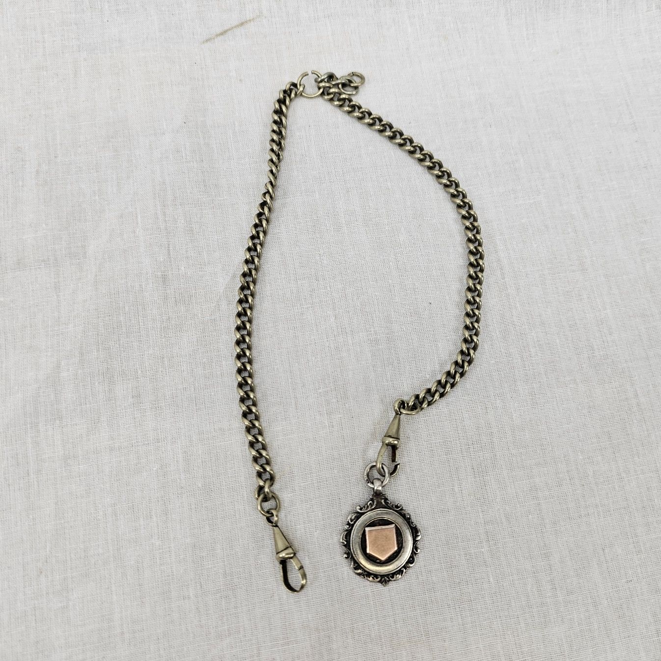 1920s Sterling Silver Albert Chain With Silver And Rose Gold Fob