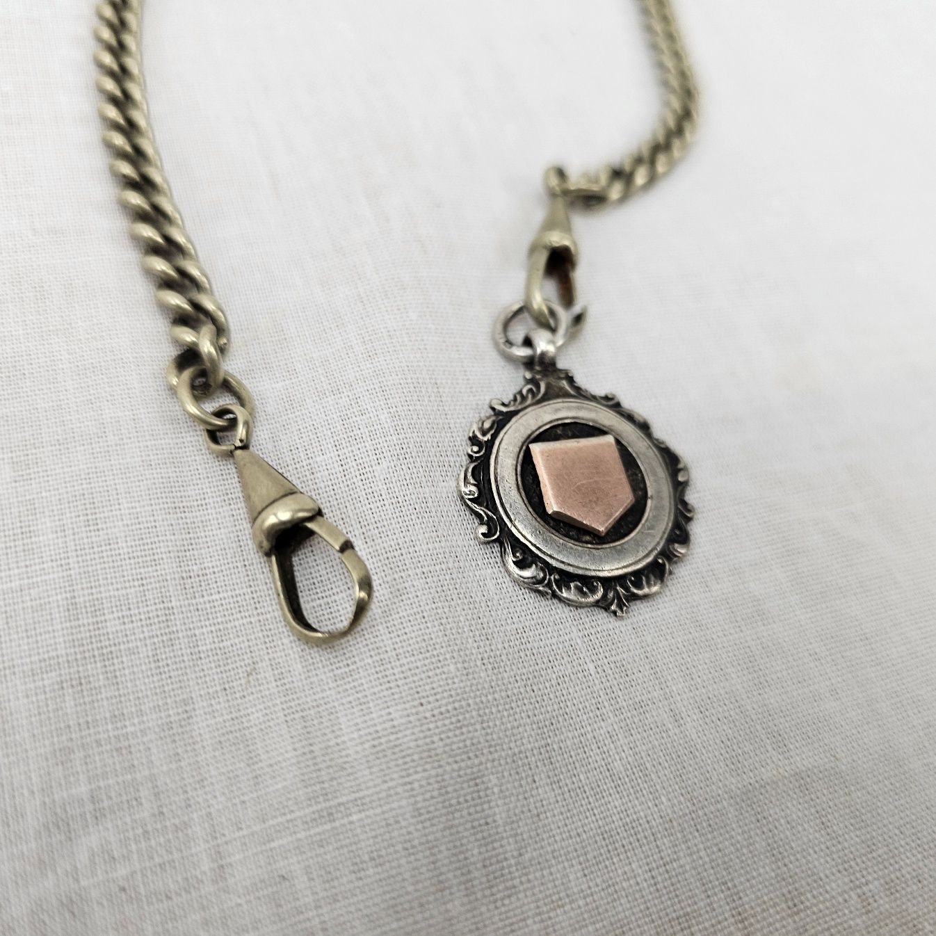 1920s Sterling Silver Albert Chain With Silver And Rose Gold Fob - Image 3