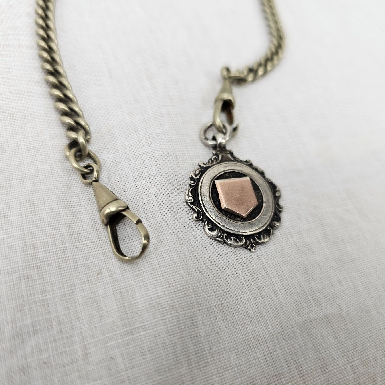 1920s Sterling Silver Albert Chain With Silver And Rose Gold Fob - Image 2